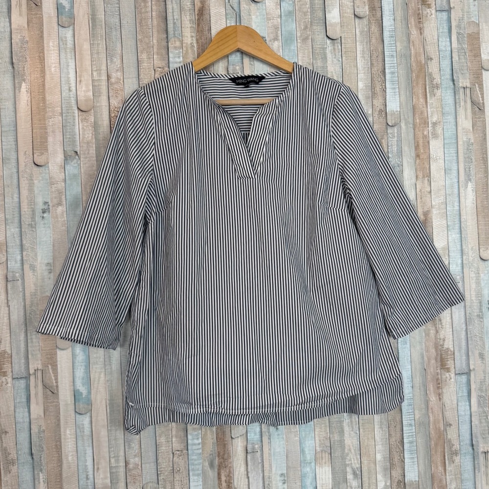 Ming Wang M Striped Poplin Notch Neck Popover Tunic Blouse Top Navy White Career